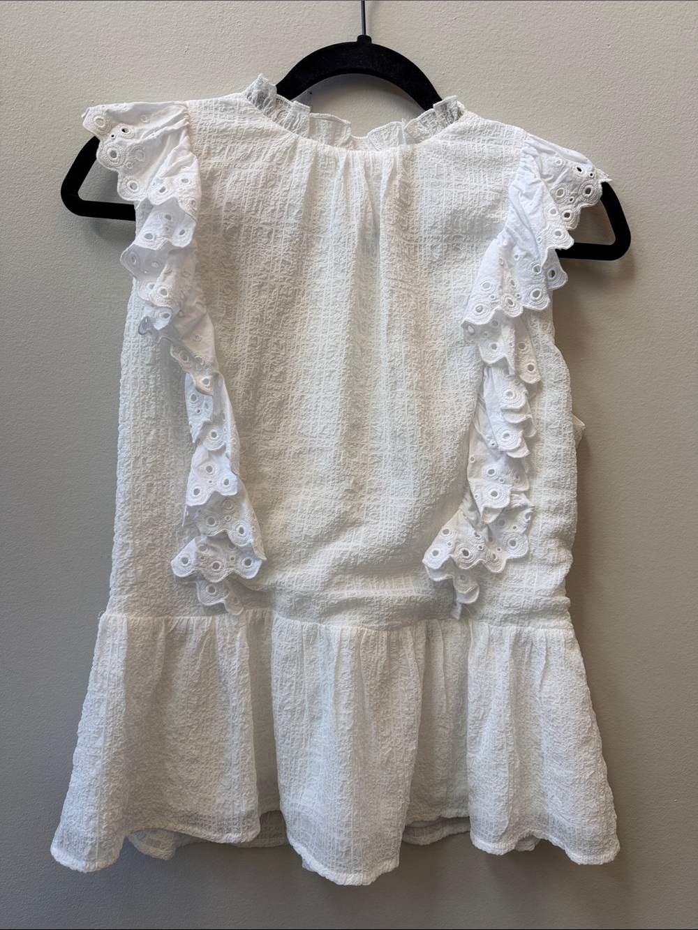 Lovecolette White Eyelet Ruffle Sleeveless Peplum Top Back Zip Summer Festival